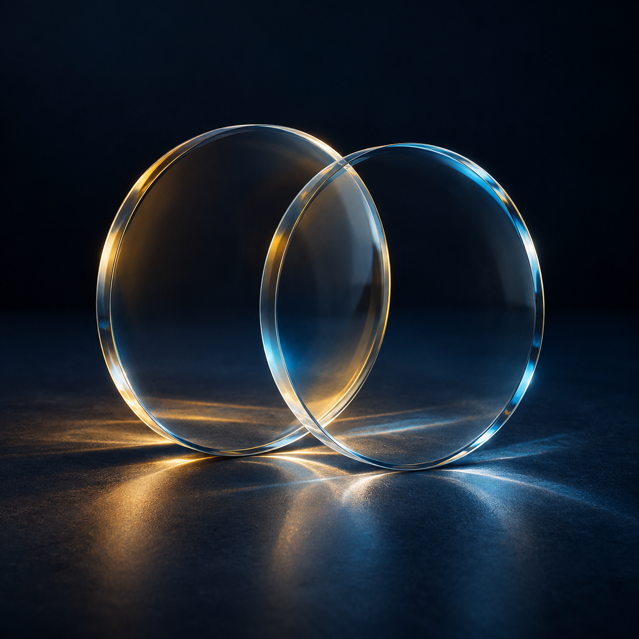 Two offset transparent glass discs catch amber and blue light. An AI-generated visual metaphor for differing perspectives.